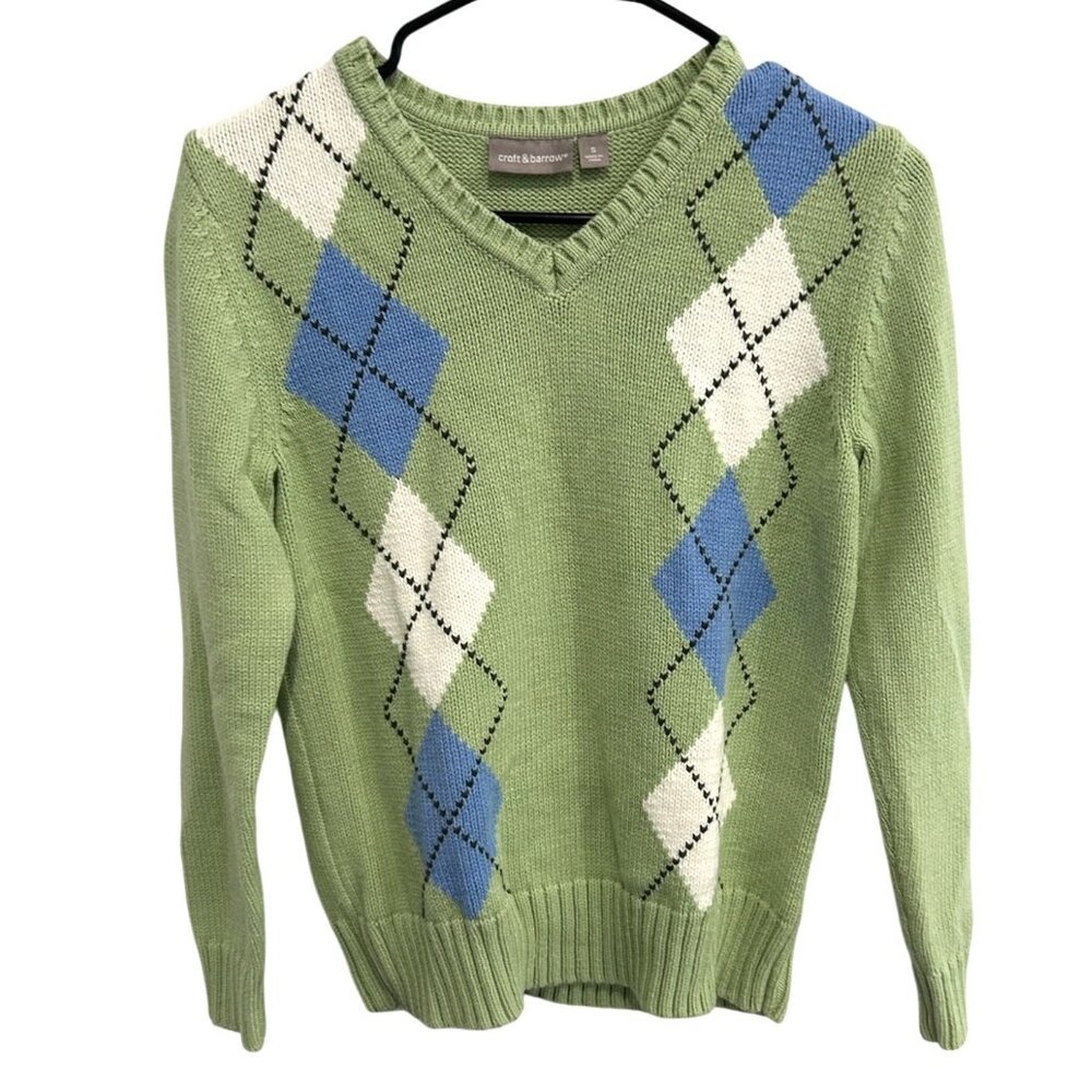 Croft & Barrow Green V Neck Argyle Sweater Cotton Sz Small